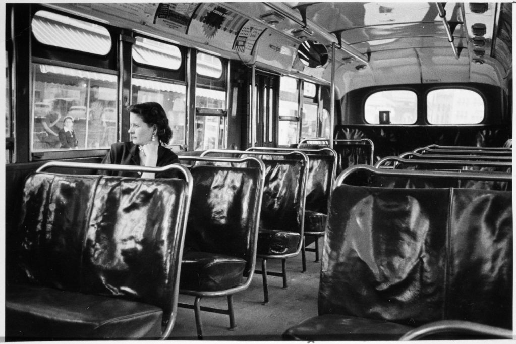 Photograph of an empty bus during the Montgomery Bus Boycott.